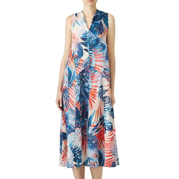 Fuzzi Leaf Print A-line Midi Dress White Blue MEDIUM Pockets Resort Italian  $740